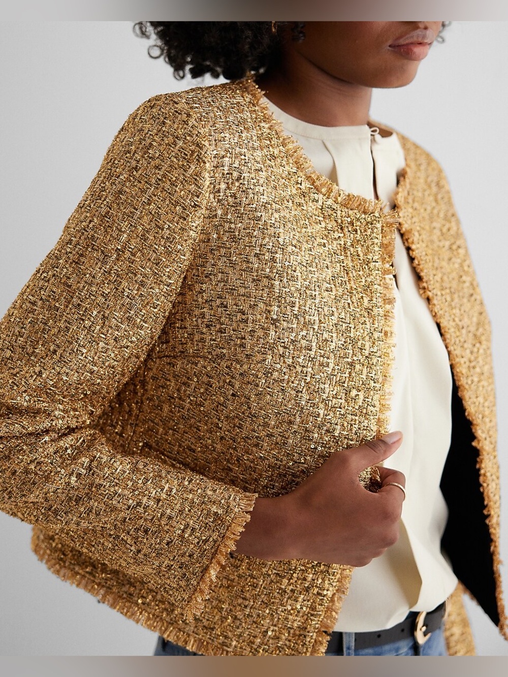 Express Metallic Tweed Fringe Trim Jacket Blazer Gold - Picture 2 of 7